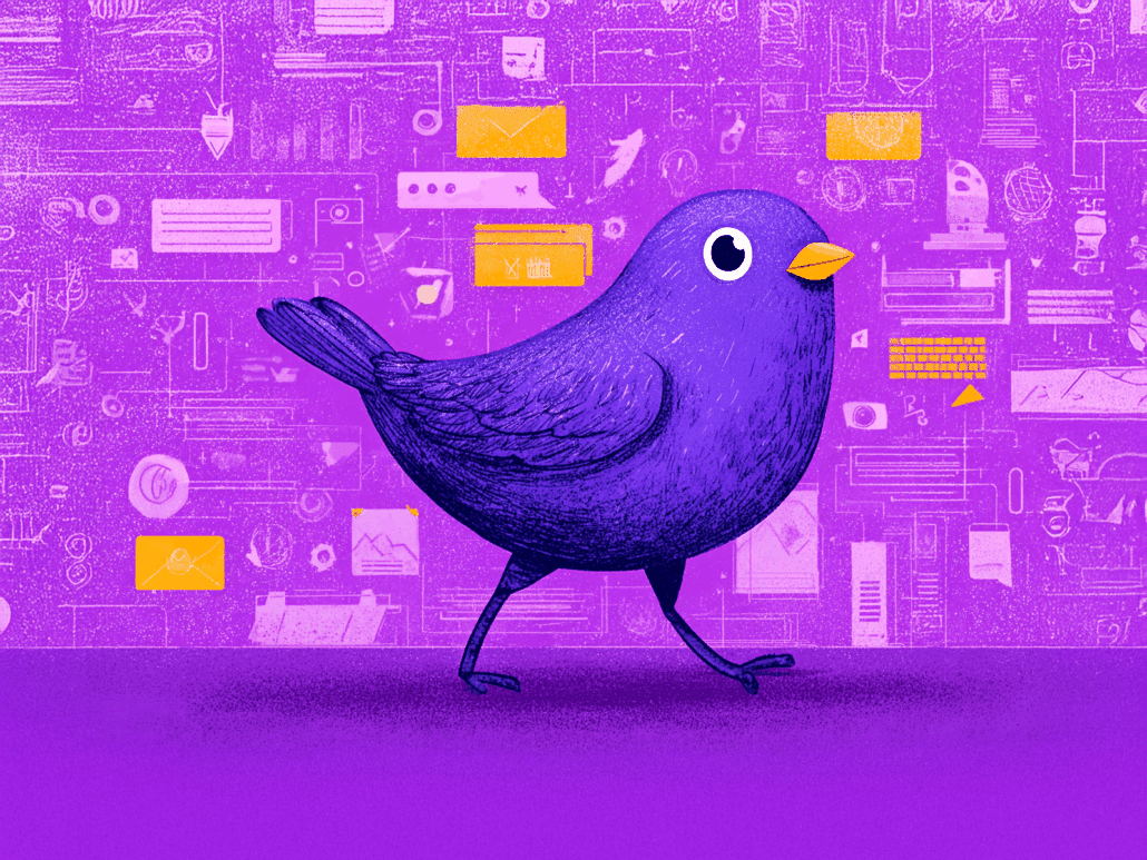 Ilustración de un pájaro púrpura rodeado de iconos digitales, simbolizando la estrategia de Google Ads para mercados locales en la publicidad online.