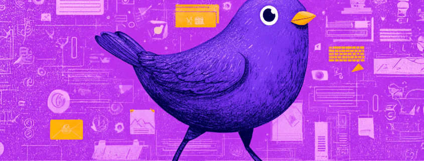 Ilustración de un pájaro púrpura rodeado de iconos digitales, simbolizando la estrategia de Google Ads para mercados locales en la publicidad online.