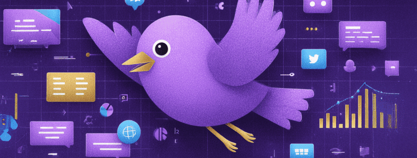 Ilustración de pájaro morado volando entre gráficos digitales, símbolo de las campañas PPC en la era del zero click.