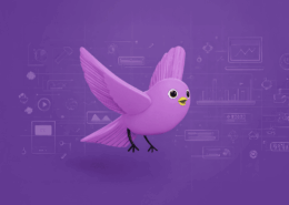 Ilustración de un pájaro púrpura rodeado de iconos digitales, representando el análisis de rutas de conversión en Google Analytics