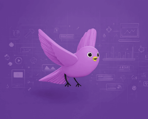 Ilustración de un pájaro púrpura rodeado de iconos digitales, representando el análisis de rutas de conversión en Google Analytics