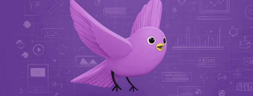 Ilustración de un pájaro púrpura rodeado de iconos digitales, representando el análisis de rutas de conversión en Google Analytics